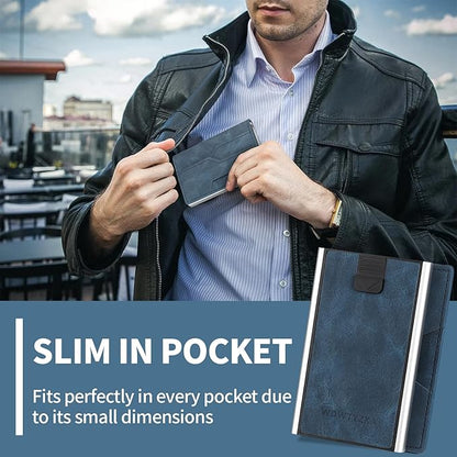 Mens slim Wallet，with RFID Shielding, Holds 9 Cards Easily, card wallet for Men, Minimalist Wallet For Men, Made of aluminum and Pu Synthetic Leather, Includes Cash clip (Blue)