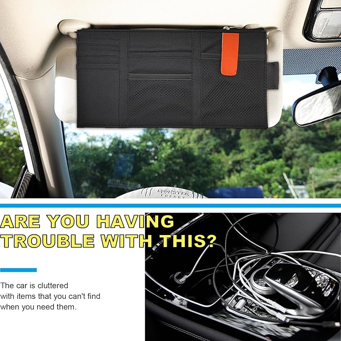 Povtii 2 PCS Car Sun Visor Organizer, Oxford Cloth Multi-Pocket Storage Holder with Zipper, Auto Visor Storage Net Pouch for Card Note Phone Registration, Car Accessories (Black)