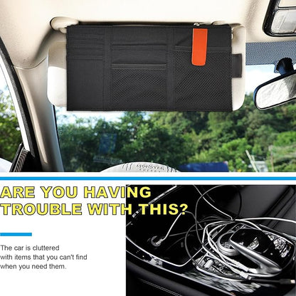 Povtii 2 PCS Car Sun Visor Organizer, Oxford Cloth Multi-Pocket Storage Holder with Zipper, Auto Visor Storage Net Pouch for Card Note Phone Registration, Car Accessories (Black)