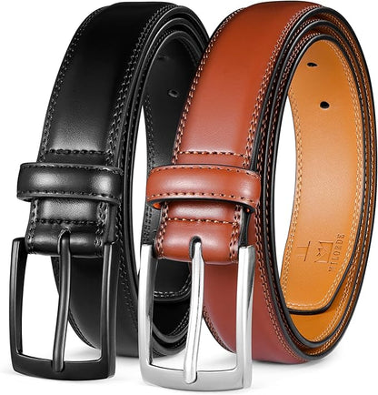 MILORDE Men's Leather Dress Belt 2Pack, Handmade, Genuine Leather, Fashion & Classic Designs for Work Business and Casual