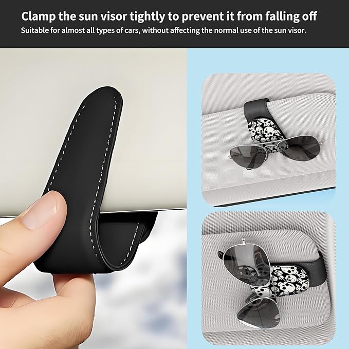 Sunglasses Holder for Car Visor, PU Leather Glasses Clip Organizer, Cute Magnetic Eyeglass Holder for Vehicle Sun Visor, Car Interior Accessory for Women & Men Black White Skull Pattern