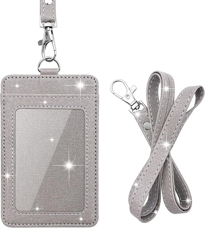 Life-Mate ID Badge Holder with 1 Clear ID Window, 1 Credit Card Slot and PU Leather Lanyard for Badge, Credit Cards, College ID Cards in Glitter Gray
