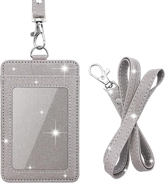 Life-Mate ID Badge Holder with 1 Clear ID Window, 1 Credit Card Slot and PU Leather Lanyard for Badge, Credit Cards, College ID Cards in Glitter Gray