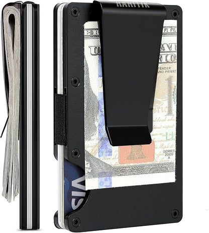 Minimalist Carbon Fiber Wallet for Men, Money Clip Cash Strap Wallet, RFID Blocking Metal Wallet Aluminum Card Holder,Front Pocket Wallet(Matte Black)