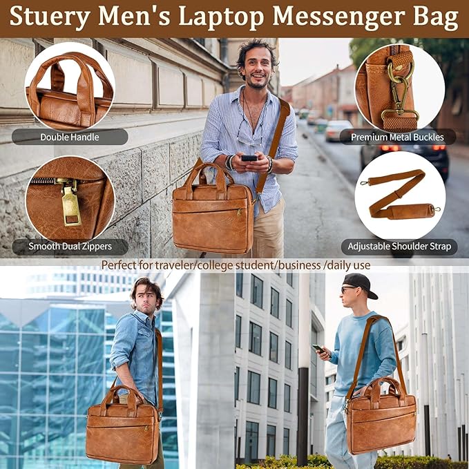 Faux Leather Messenger Bag for Men 17.3 Inch: Laptop Bag Briefcase Computer Handbags Shoulder Crossbody Bag with Padded Laptop Sleeve for Work College Travel, PU Brown