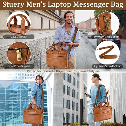 Faux Leather Messenger Bag for Men 17.3 Inch: Laptop Bag Briefcase Computer Handbags Shoulder Crossbody Bag with Padded Laptop Sleeve for Work College Travel, PU Brown