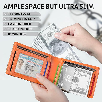GSOIAX Men's Slim RFID Blocking Leather Wallet with Money Clip Minimalist Carbon Fiber Bifold Credit Card Holder 11 Card Slots Gift Box Included(Carbon Orange)