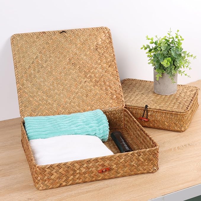 Moosky Flat Wicker Shelf Baskets with Lid, Seagrass Woven Basket Boxes for Storage Basket Bins Multipurpose Home Decor Organizer (Natural Large)