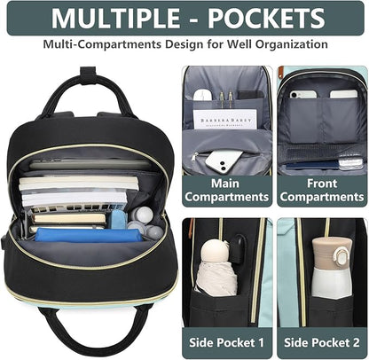 Laptop Backpack for Women Work Bookbag: 15.6 Inch College Backpacks with USB Charger School Bag Waterproof Travel Computer Back Pack Anti-Theft Casual Bookbags for Girls Teacher Nurse Black-Light-Blue