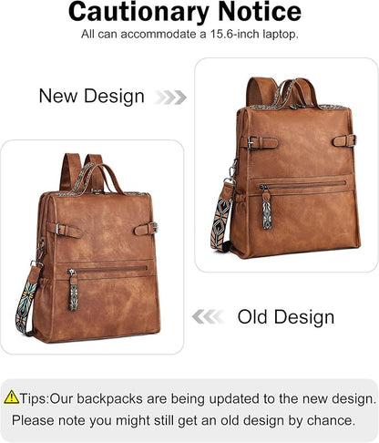 FADEON Leather Laptop Backpack for Women, Designer Ladies Work Travel Computer Backpack with Laptop Compartment Purse Brown