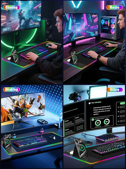 Mouse Pad with Foldable Phone Holder & Wireless Charger, XXL RGB Gaming Mousepad 31.5"x15.8" Large Desk Mat for Keyboard, Black Desk Pad with Dual Qi Charging Station | 11 Colors 5 Modes | Waterproof