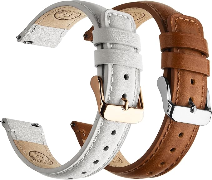 Fullmosa 18mm 20mm 22mm 24mm Leather Watch Bands, 2 Pack Soft Quick Release Watch Strap Compatible with Garmin Vivoactive 5/6/4/3, Venu 4/3S/2S, Samsung Galaxy Fossil Amazfit for Men Women,18mm Toffee Brown&White/Silver&Rosa