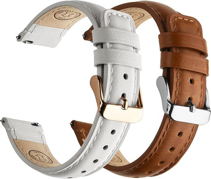Fullmosa 18mm 20mm 22mm 24mm Leather Watch Bands, 2 Pack Soft Quick Release Watch Strap Compatible with Garmin Vivoactive 5/6/4/3, Venu 4/3S/2S, Samsung Galaxy Fossil Amazfit for Men Women,18mm Toffee Brown&White/Silver&Rosa