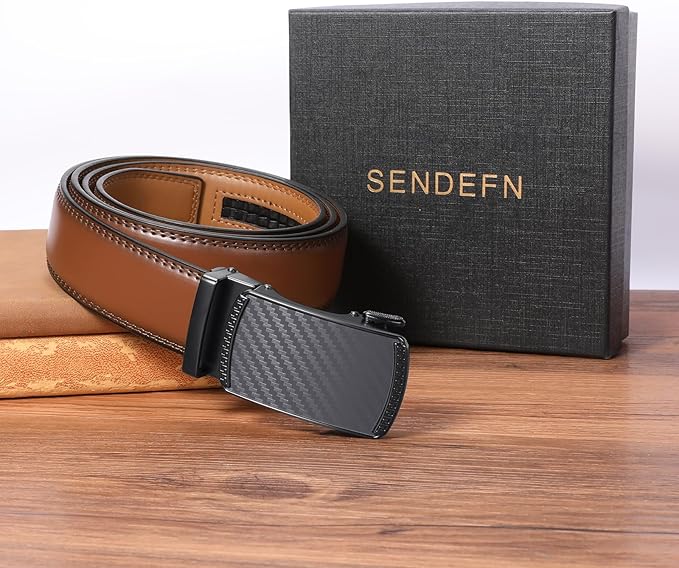 SENDEFN Men's Leather Belt Automatic Ratchet Buckle Slide Belt for Dress Casual Trim to Fit with Gift Box