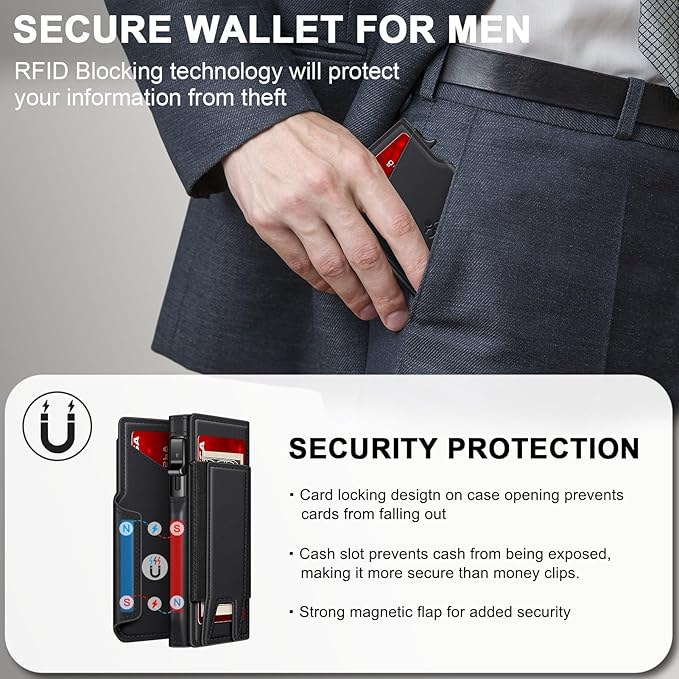 Wallet for Men Wallet with Slim Pop Up Card Holder 9-13 Cards, Bifold Minimalist Smart Wallet RFID Blocking Credit Card Holder with ID Window & Stretchable Cash Slot Compact Metal Aluminum Card Case