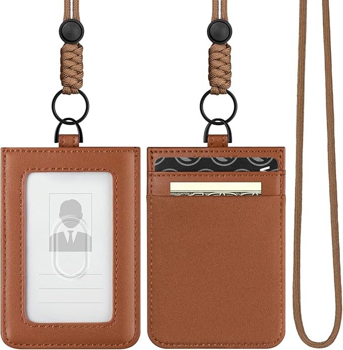 VULKIT ID Badge Holder with Lanyard for Women and Men Vertical Leather Badge Holder with Clear ID Window Card Holder Slot and Money Pocket Brown