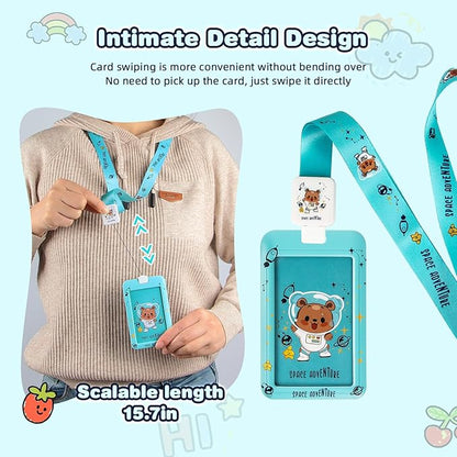 Cute ID Badge Holder with Clip Badge Reels and Lanyards with Badge Reel with 15 inches Pull Cord for School, Teacher, Student, Women, Men (AstroBear)