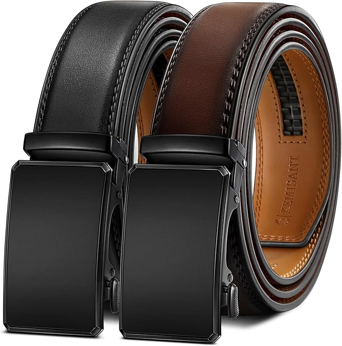 KEMISANT Men Belt 2 Pack, Leather Ratchet Belt Easy Click Slide For Men 1 3/8",Cut for Fit
