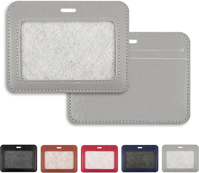 2 Pcs Leather ID Badge Holders, Horizontal, Gray, Multiple Card Slots for Offices, Staff, Students, Employees