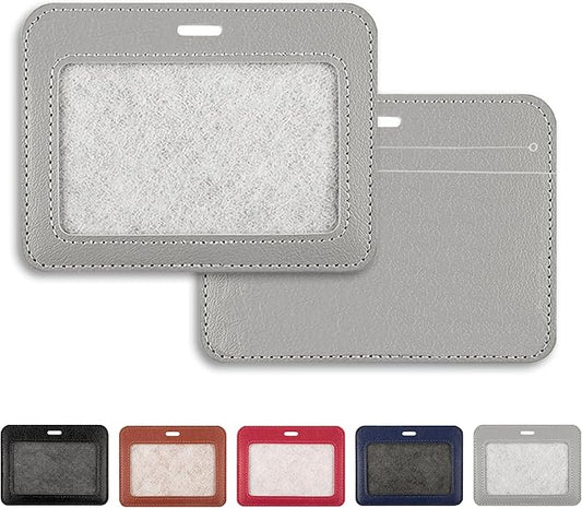 2 Pcs Leather ID Badge Holders, Horizontal, Gray, Multiple Card Slots for Offices, Staff, Students, Employees