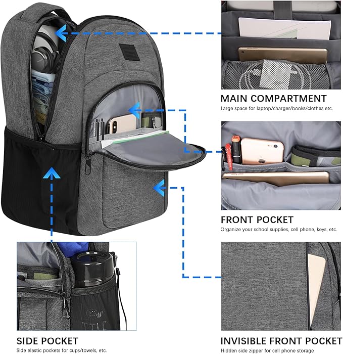 LARIPOP Carry On Backpack for Airplane, 15.6 Inch Laptop Backpack with USB Charging Port, Water Resistant Business Travel Backpack, Lightweight College School Bookbag Anti Theft for Men Women, Grey