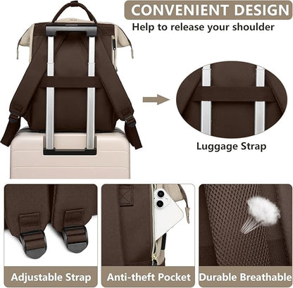 Laptop Backpack Women Work Bag: 15.6 inch Work Bookbag with USB Charging Port Large Travel Backpack Purse for College Nurse Casual Daypack for Teacher Professional Computer Backpack Apricot Coffee