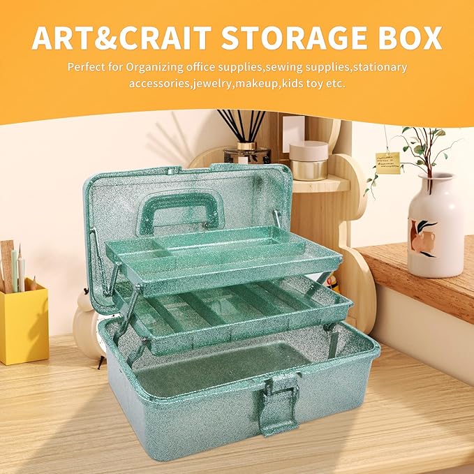 3 Layer Stackable Arts and Crafts Organizer Storage, Multipurpose Sewing Box Plastic Tackle Box Organizer with Lib, Storage for Tools, Makeup, Snack, Art Supply, Sewing Supply(Green)