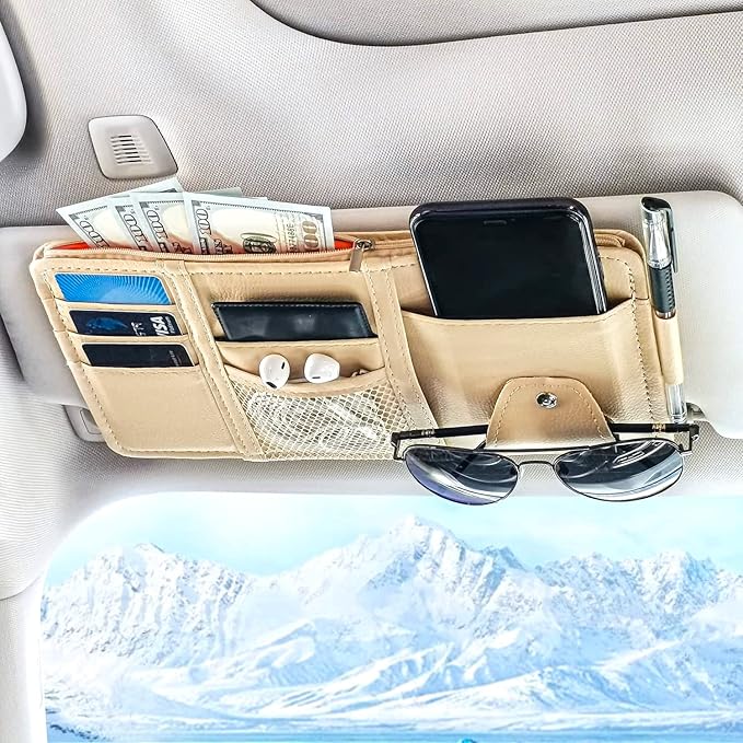 Keedolla Car Sun Visor Organizer Auto Interior Accessories Pocket Organizer, Sunglasses Holder Car Truck Visor Storage Pouch for Cards, Pens and Document - Beige