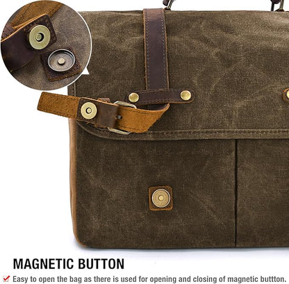 Mens Messenger Bag 15.6 Inch Waterproof Vintage Genuine Leather Waxed Canvas Briefcase Large Leather Computer Laptop Bag Rugged Satchel Shoulder Bag, Coffee