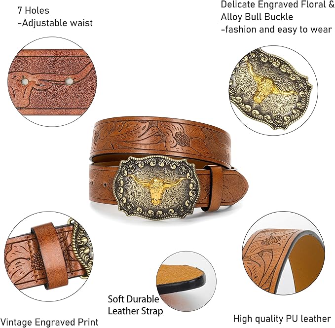 Western Cowboy-Belts for Men Big-Buckle Longhorn-Bull PU-Leather Rodeo Cowgirl-Belt Engraved Floral - Waist 25-38"