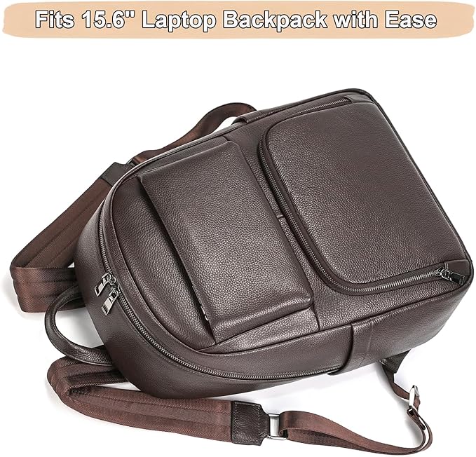 Genuine Leather 15.6 Inch Laptop Backpack for Men, Multi Pocket Casual Daypack Shoulder Bag for Business Travel Outdoor, Coffee