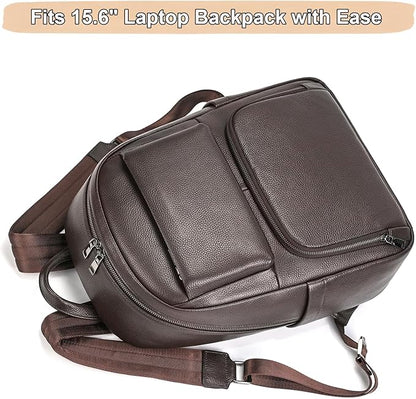 Genuine Leather 15.6 Inch Laptop Backpack for Men, Multi Pocket Casual Daypack Shoulder Bag for Business Travel Outdoor, Coffee