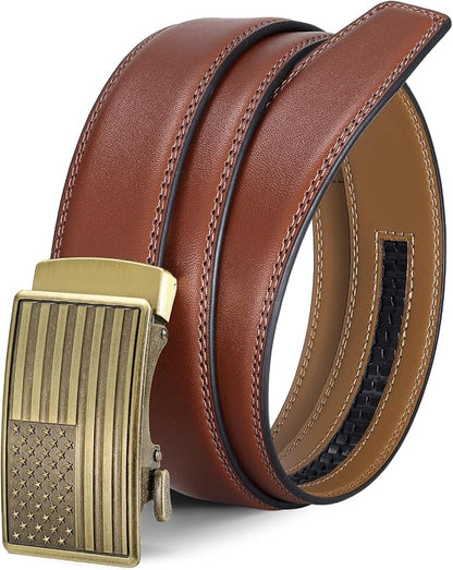 SANSTHS Mens Ratchet Belts Leather 1 3/8" for Men Dress and Casual, Adjustable Click Belts with American Flag Buckles