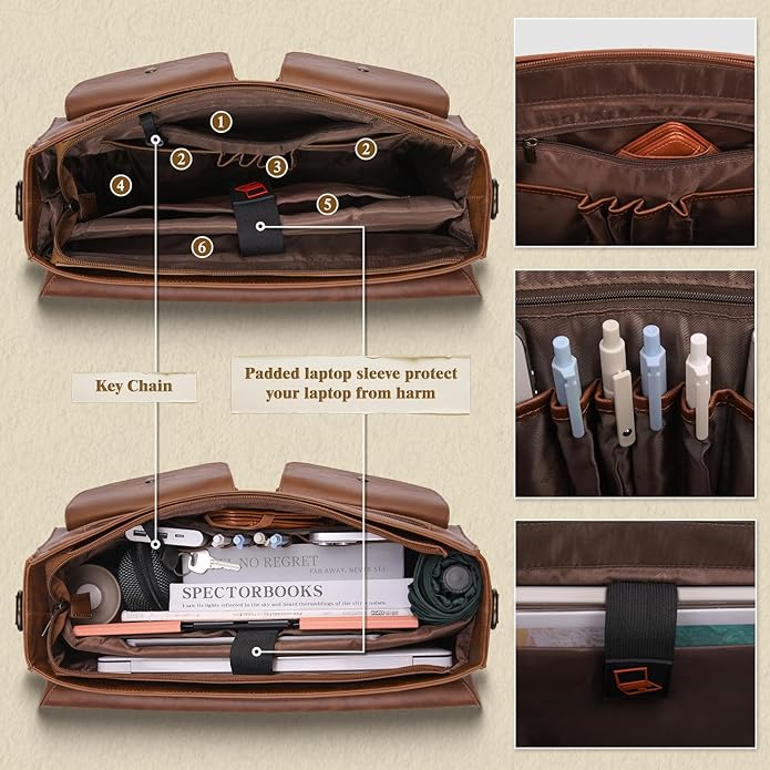 Leather Messenger Bag for Men 15.6 Inch Vintage Laptop Bag Waterproof Briefcases for Men Computer Bag Satchel for Work/Office