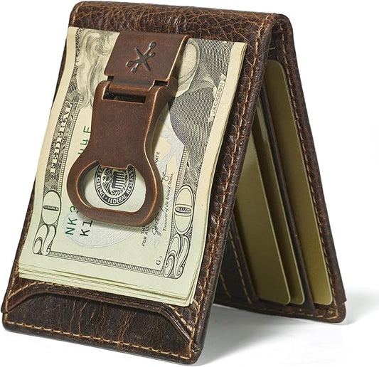 House of Jack Co. Bottle Opener Bifold Money Clip Wallet for Men, Slim Front Pocket Card Holder with Exterior ID Window, Full Grain Cowhide Leather, Brown