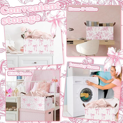 Boao 3 Pcs Pink Bow Storage Bin Coquette Collapsible Large Storage Baskets for Gifts Empty Candy Holiday Decor Canvas Laundry Basket Foldable Box with Handle for Office Home Bedroom Clothes