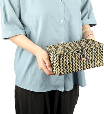 Hipiwe X-small Wicker Basket with Lid Natural Seagrass Storage Baskets Box Handwoven Household Organizer Box Multipurpose Woven Storage Basket for Shelf Closet,Black
