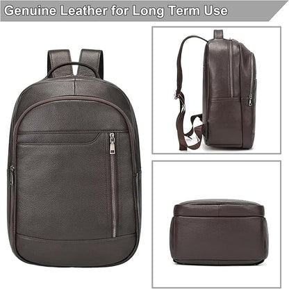Large Capacity Genuine Leather Backpack for Men, 15.6 Inch Laptop Daypack Business Travel Shoulder Bag, Brown