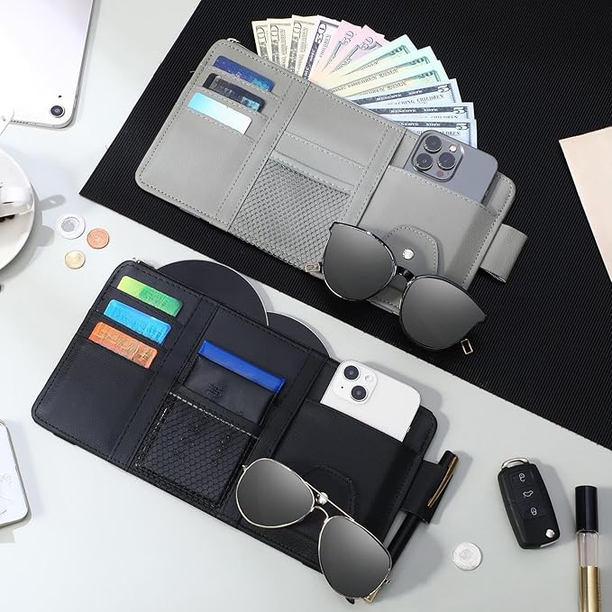 Boao 2 Packs Car Sun Visor Organizer, Sunglasses Holders for Car Sun Visor PU Auto Interior Accessories Storage Travel Document Holder with Multi Pocket (Black, Gray, 12.2 x 6.1 Inches)