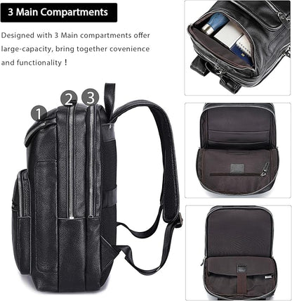 LANNSYNE Leather Backpack For Men, 15.6" Leather Laptop Backpack Hiking Travel Bag Camping Rucksack