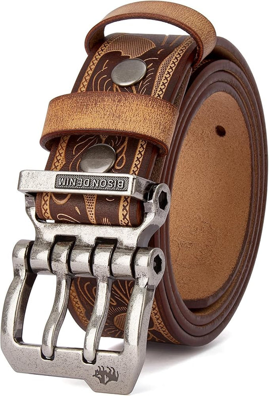 BISON DENIM Men's Belts Leather Dress Genuine Leather Classic Heavy Duty Buckle Belt Casual for Jeans