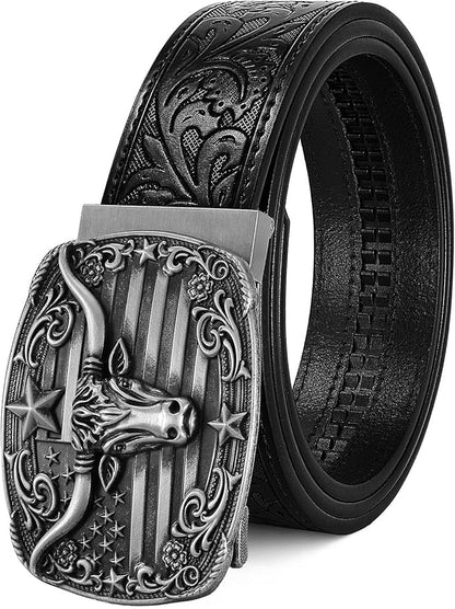 Cowboy Western Ratchet Belt for Men Women with Automatic Western Buckle, Ratchet Cowboy Leather Belt for Jeans Gifts