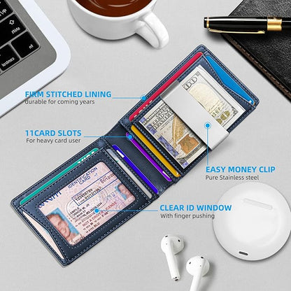 BULLIANT Men Wallet Airtag&Standard Use,Slim Front Pocket Wallet Money Clip for Gifg Men RFID Blocking 11Cards