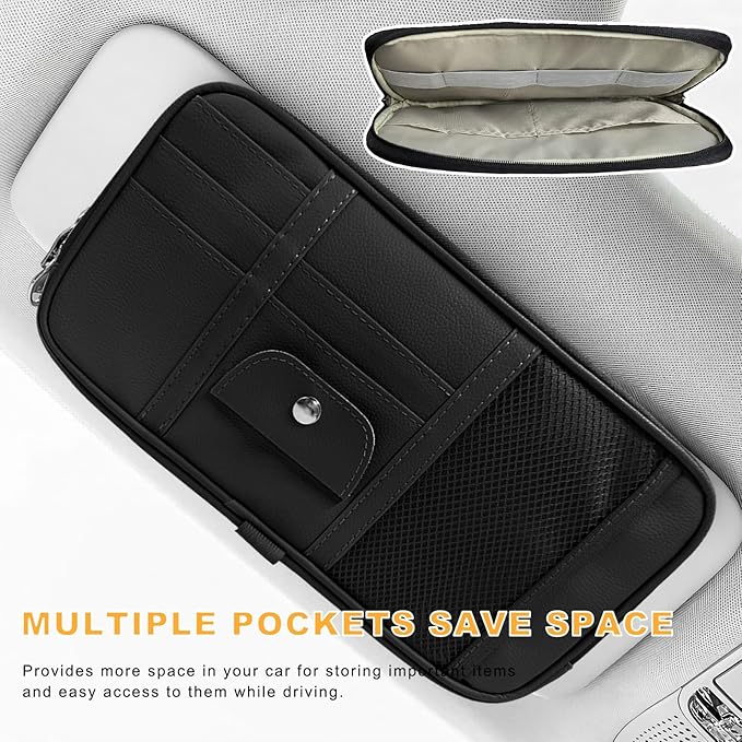 Car Sun Visor Organizer, Multi-Pocket Leather Auto Storage Pouch with Glasses Clip & Zippers, Multifunctional Sun Visor Storage Bag Ticket Organizer for Cars Trucks SUVs (Black)