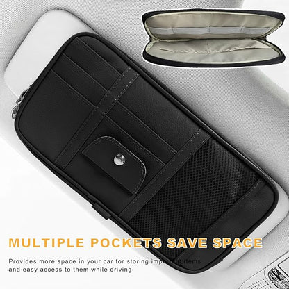 Car Sun Visor Organizer, Multi-Pocket Leather Auto Storage Pouch with Glasses Clip & Zippers, Multifunctional Sun Visor Storage Bag Ticket Organizer for Cars Trucks SUVs (Black)