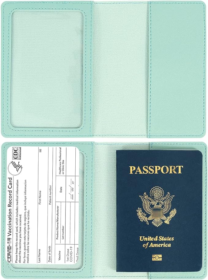 2 Pack Passport and Vaccine Card Holder PU Leather Passport Wallet Vaccine Case Protector Slot Travel Passport Wallet for Women & Men (D-Grey&Green)