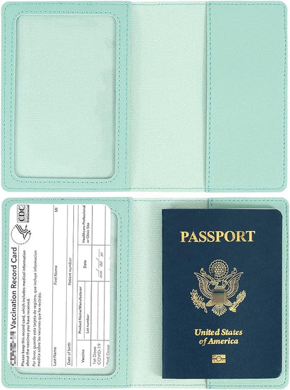 2 Pack Passport and Vaccine Card Holder PU Leather Passport Wallet Vaccine Case Protector Slot Travel Passport Wallet for Women & Men (D-Grey&Green)