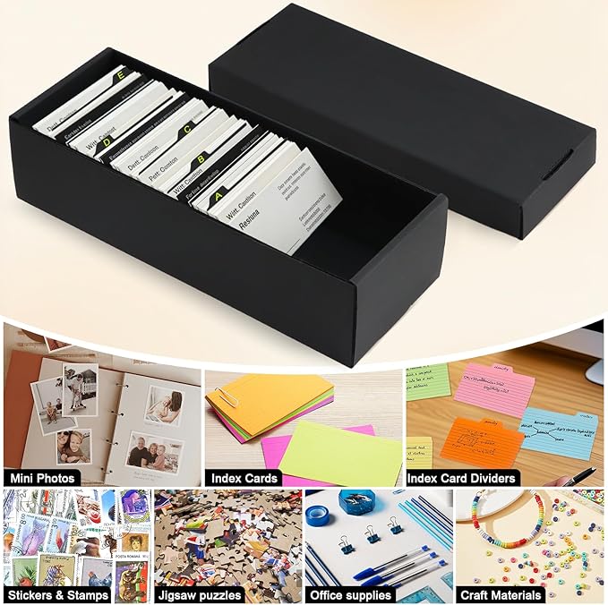Business Card Storage Box 4 Pack, Business Card Holder Case with Lids & 112 Index Dividers, Holds 3200 Cards Total, Desk Business Card Organizer, Black Card Index & Recipe Card Storage