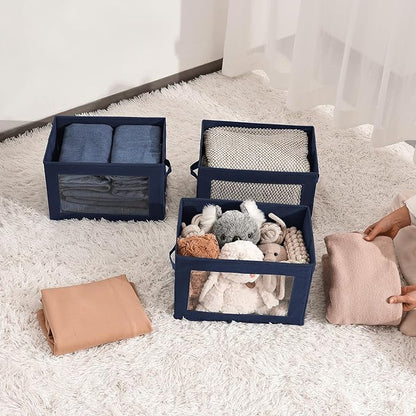 Homsorout Stackable Storage Bins with Lids - Medium Storage Box with Lids, Foldable Closet Boxes for Organizing, Wardrobe Clothes Organizer with Window, Cubes Bins for Living Room, 5 Pack, Navy Blue