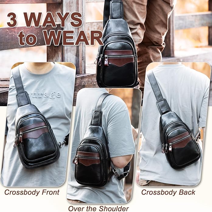 Genuine Leather Sling Bag for Men and Women Crossbody Shoulder Bag Sling Backpack Chest Purse Carry on Casual Daypack | Genuine Leather, Shoulder Bag, Carry on, Casual, Daypack